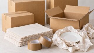 ダンボール箱、梱包テープ、四角い食器用包装紙を重ねた引越し資材のイメージ