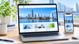 横浜の風景を掲載したホームページをパソコンとスマートフォンで見るイメージ