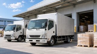 倉庫前のトラックと荷物を写した求車・求荷のイメージ